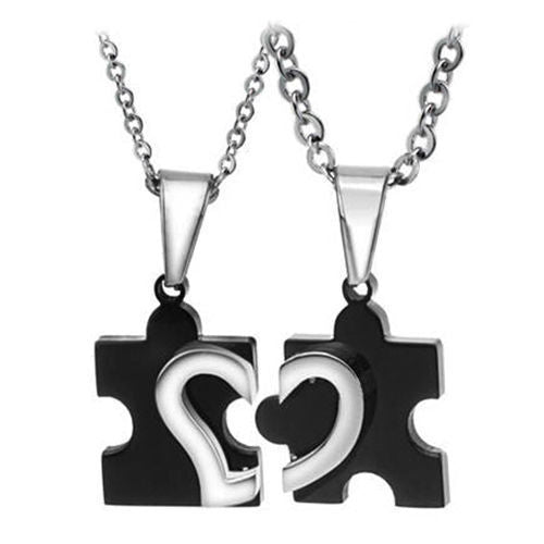 Set 2 Collane con 2 pendenti CUORE PUZZLE Silver e Nero che si uniscono LOVE