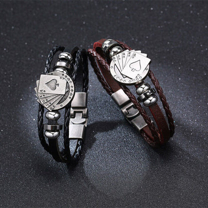 Bracciale Braccialetto da UOMO Ecopelle con Carte Poker Charms Nero o Marrone