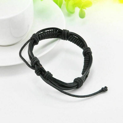 Bracciale Braccialetto da UOMO Ecopelle Nero Regolabile intrecciato