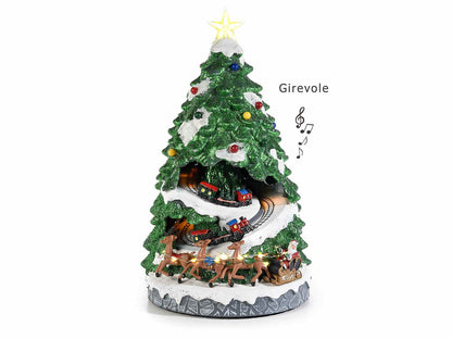 Albero di Natale in resina con 2 trenini in movimento luci e musica Villaggio