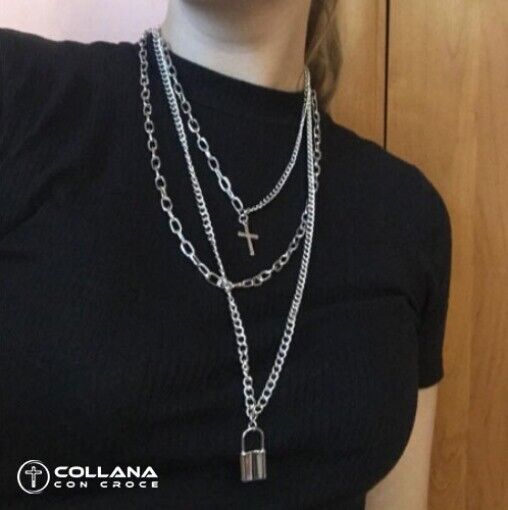 Collana con Croce e Lucchetto Collanina Gotica Hip Hop catena in acciaio Punk