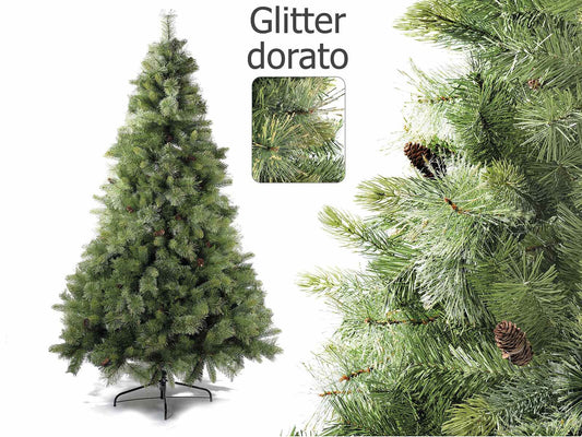 Pino Artificiale H 210 cm 1017 Rami con Glitter e Pigne Albero di Natale vintage