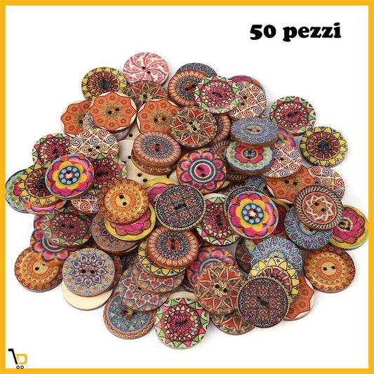 Set 50 Bottoni VINTAGE Fiori in legno 2 fori colorati misti cucito fai da te