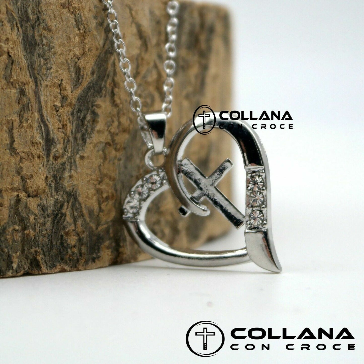 Collana con croce per Donna Cuore Crocifisso Strass Catena pendente Ciondolo