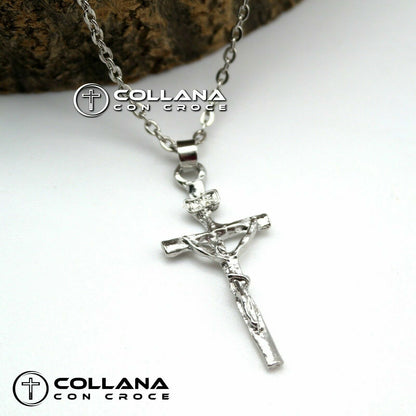 Collana con catena ciondolo Croce Collanina da Uomo Crocifisso Silver pendente