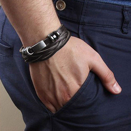 Multi Bracciale Braccialetto UOMO Ecopelle Doppio ad INTRECCIO NERO Intrecciato