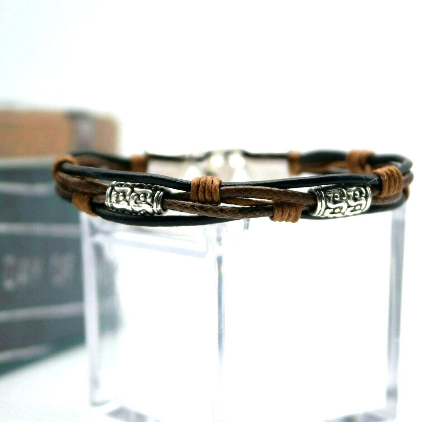 Bracciale da uomo Similpelle con CHARMS corde intrecciate color Nero e Marrone