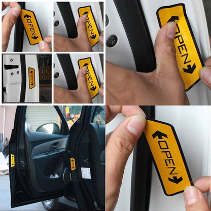 Set 4 Adesivo OPEN per portiera AUTO Sticker Sicurezza Riflettente 10x3cm Giallo