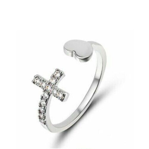 Anello con Croce e Cuore Regolabile Fashion Color silver Ragazza Donna Amore