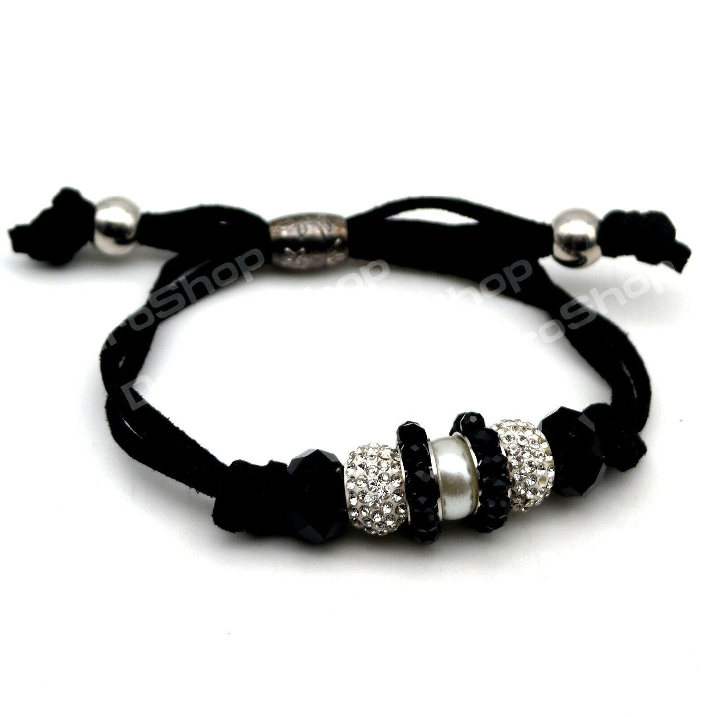 Bracciale da Donna con Sfere NERO finte perle regolabile strass elegante