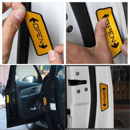 Set 4 Adesivo OPEN per portiera AUTO Sticker Sicurezza Riflettente 10x3cm Giallo