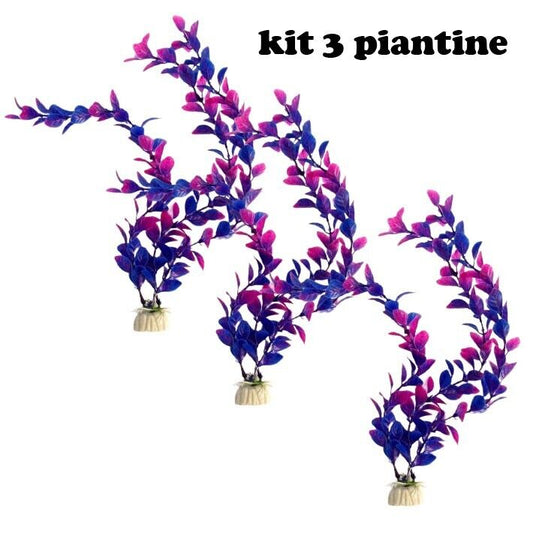 3 Pianta finta per Acquario Piantina Decorazione Artificiale decori Viola 32 cm