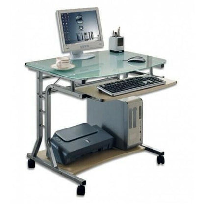 Scrivania per Computer PC Compatta in Metallo e Vetro con Ruote 80x60x75 cm MDF