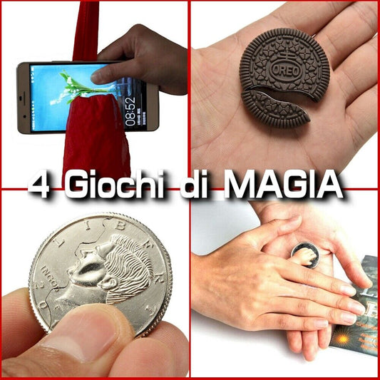 Set 4 Giochi di MAGIA : Fazzoletto + Biscotto Magico + Moneta + Piccola Mano