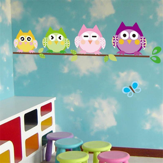 Adesivo Murales parete Cameretta bambini Gufo Uccellini Casa Muro Wall Sticker