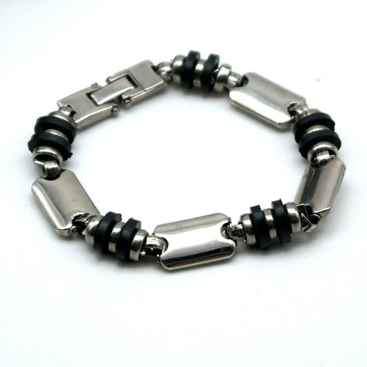 Bracciale da uomo con gomma braccialetto per ragazzo nero e silver