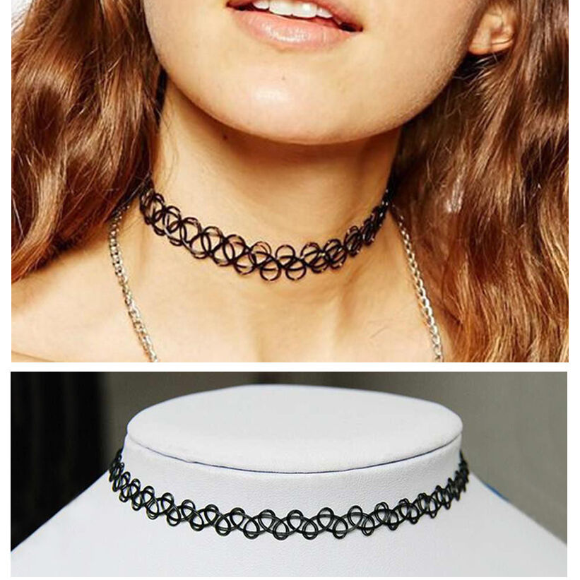 2x Collana Girocollo Elastico Stretch NERO Tatuaggio Tattoo Choker Hennè Retrò