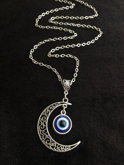 Collana con Ciondolo Luna e occhio Blu Hamsa Pendente color silver