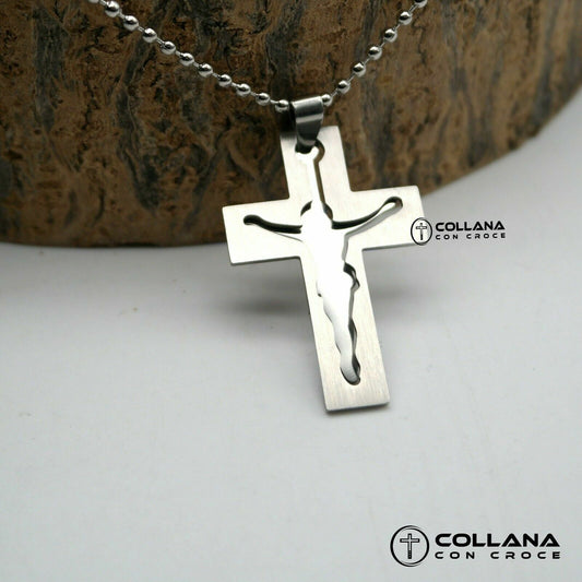 Collana con croce grande Design 3D per Uomo Catena e pendente Ciondolo Silver