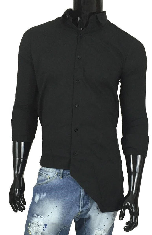 Camicia UOMO Disomogenea collo Classico Color NERO Manica lunga Slim FIT