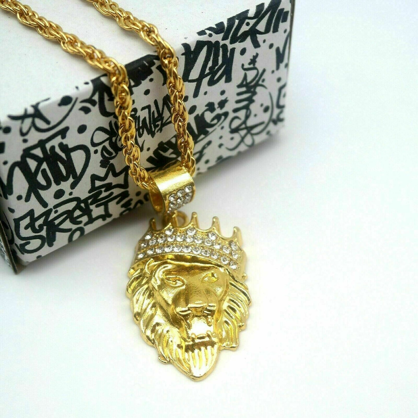 Collana Hip Hop da Uomo catena lunga Pendente Leone con corona Rapper dorata