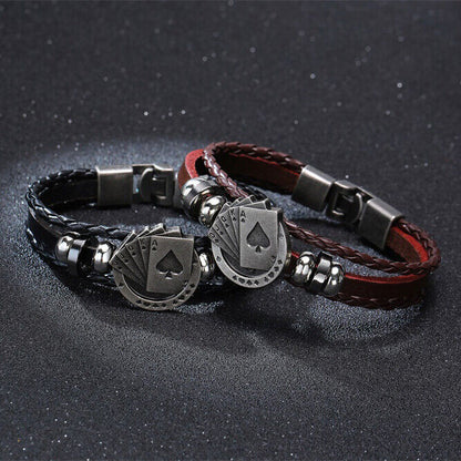 Bracciale Braccialetto da UOMO Ecopelle con Carte Poker Charms Nero o Marrone