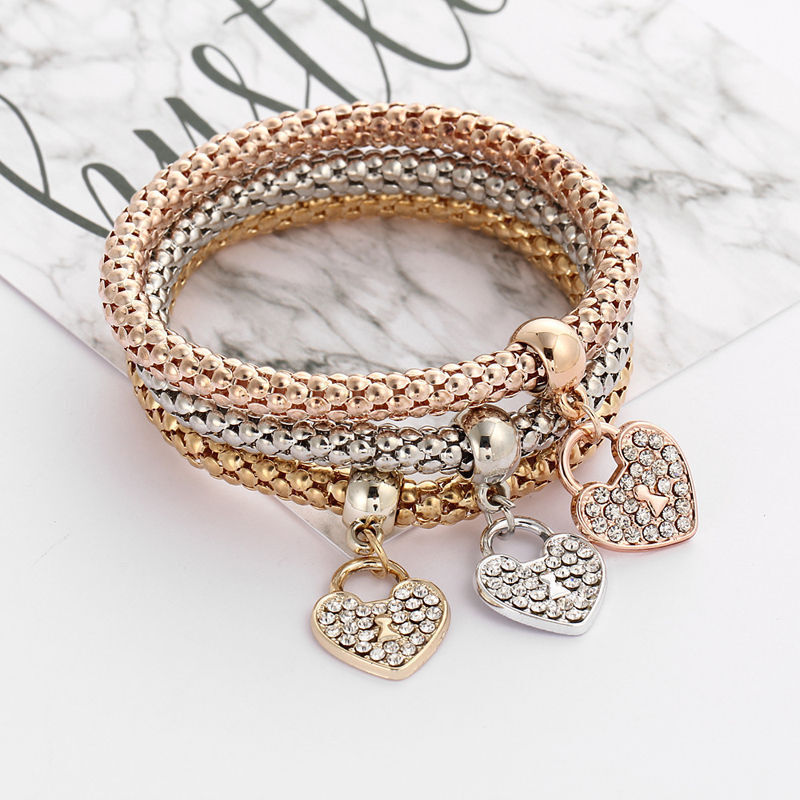 3x Bracciale Donna con Charms Cuore braccialetto bigiotteria a ragazza strass