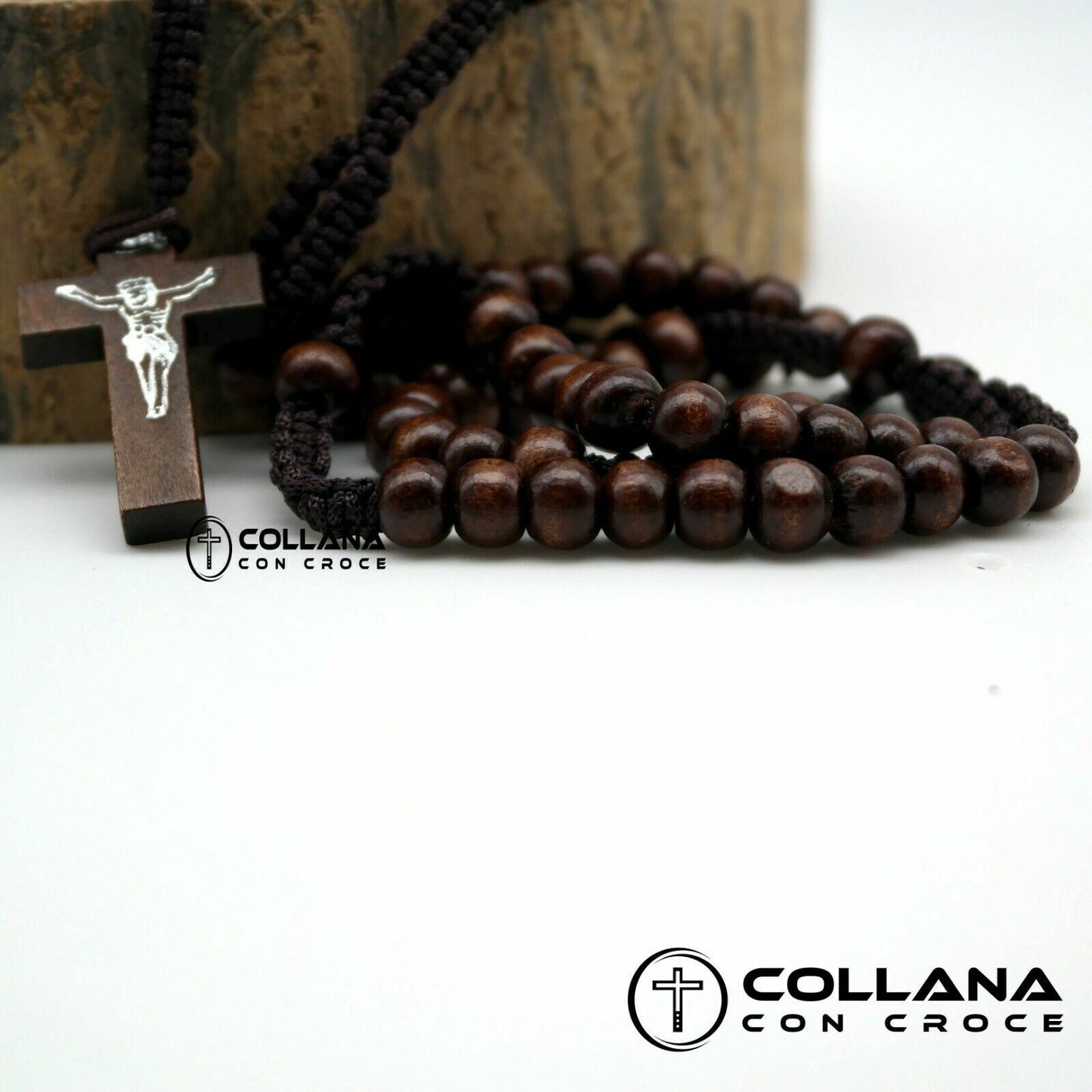 Collana Rosario perline marrone in Legno con Crocifisso da Donna Croce