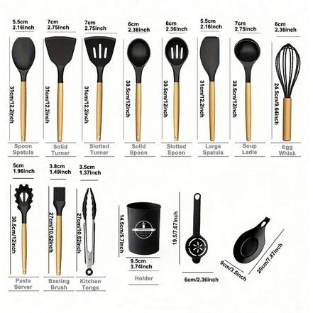 Set Di 12 Utensili Da Cucina In Silicone - Con Manico In Legno E Secchiello Di Stoccaggio