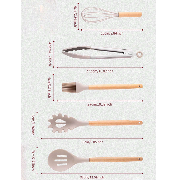 Set Di 12 Utensili Da Cucina In Silicone - Con Manico In Legno E Secchiello Di Stoccaggio