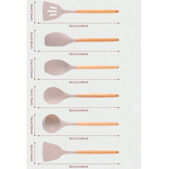 Set Di 12 Utensili Da Cucina In Silicone - Con Manico In Legno E Secchiello Di Stoccaggio
