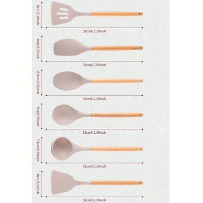 Set Di 12 Utensili Da Cucina In Silicone - Con Manico In Legno E Secchiello Di Stoccaggio