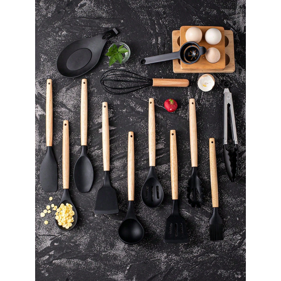 Set Di 12 Utensili Da Cucina In Silicone - Con Manico In Legno E Secchiello Di Stoccaggio